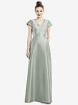 Front View Thumbnail - Willow Green Cap Sleeve V-Neck Satin Gown with Pockets