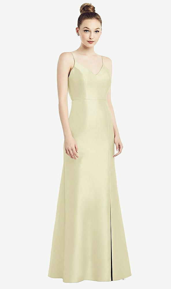 Back View - Butter Yellow Open-Back Bow Tie Satin Trumpet Gown