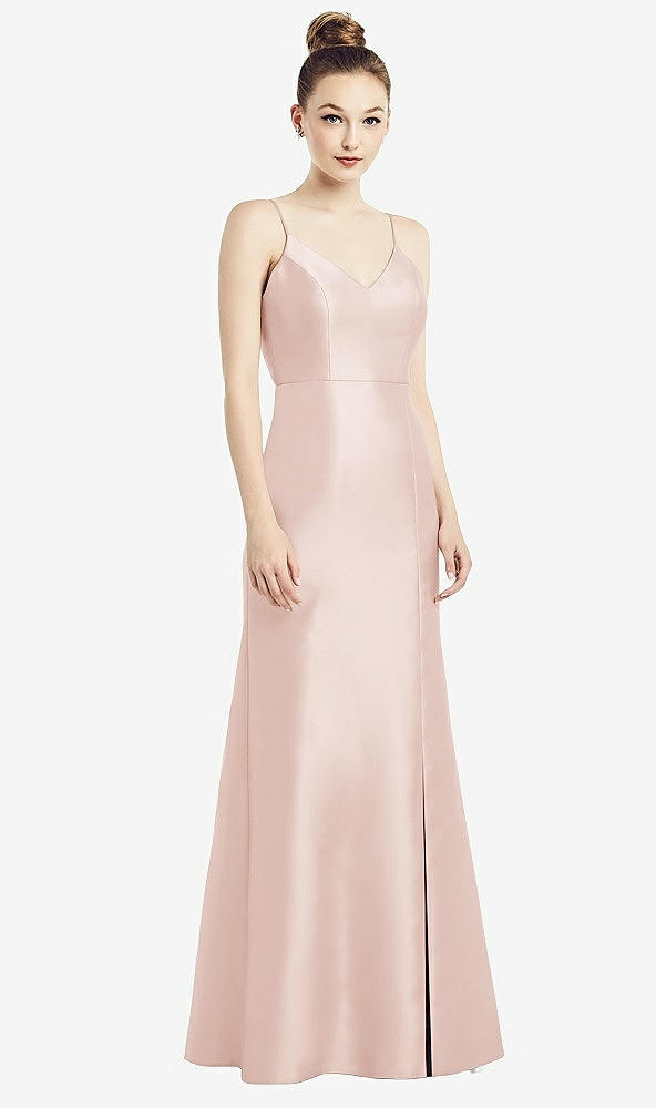 Back View - Blush Open-Back Bow Tie Satin Trumpet Gown