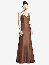 Rear View Thumbnail - Cognac Open-Back Bow Tie Satin Trumpet Gown