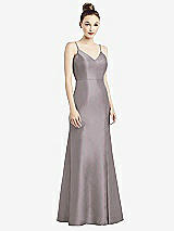 Rear View Thumbnail - Cashmere Gray Open-Back Bow Tie Satin Trumpet Gown