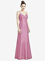 Rear View Thumbnail - Powder Pink Open-Back Bow Tie Satin Trumpet Gown