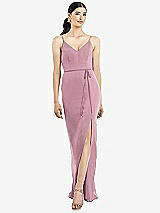 Rear View Thumbnail - Dusty Pink Ruffled Back Chiffon Dress with Jeweled Sash