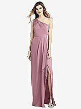 Front View Thumbnail - Dusty Pink One-Shoulder Chiffon Dress with Draped Front Slit