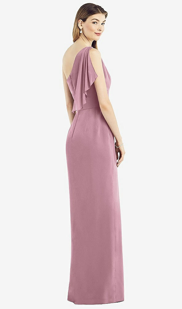 Back View - Dusty Pink One-Shoulder Chiffon Dress with Draped Front Slit