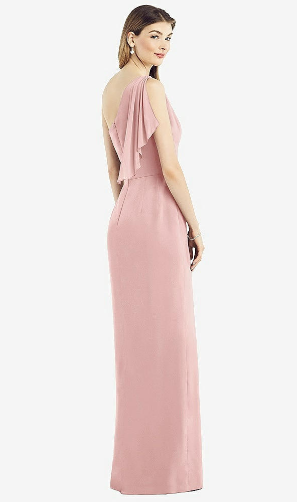 Back View - Rose One-Shoulder Chiffon Dress with Draped Front Slit