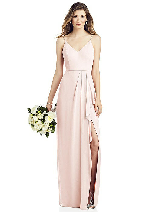 Spaghetti Strap Draped Skirt Gown with Front Slit