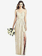 Front View Thumbnail - Butter Yellow Floral Spaghetti Strap Draped Skirt Gown with Front Slit