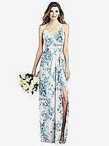 Front View Thumbnail - Cottage Rose Dusk Blue Spaghetti Strap Draped Skirt Gown with Front Slit