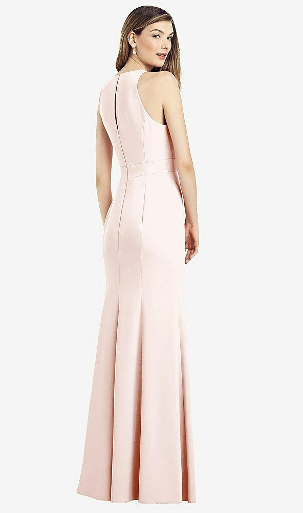 Back View - Blush V-Neck Keyhole Back Crepe Trumpet Gown