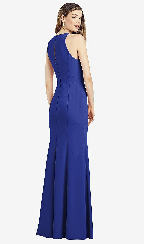 Back View - Cobalt Blue V-Neck Keyhole Back Crepe Trumpet Gown