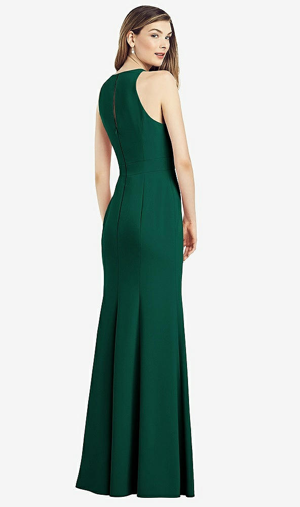 Back View - Hunter Green V-Neck Keyhole Back Crepe Trumpet Gown
