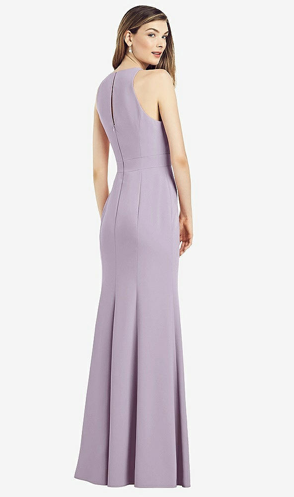 Back View - Lilac Haze V-Neck Keyhole Back Crepe Trumpet Gown