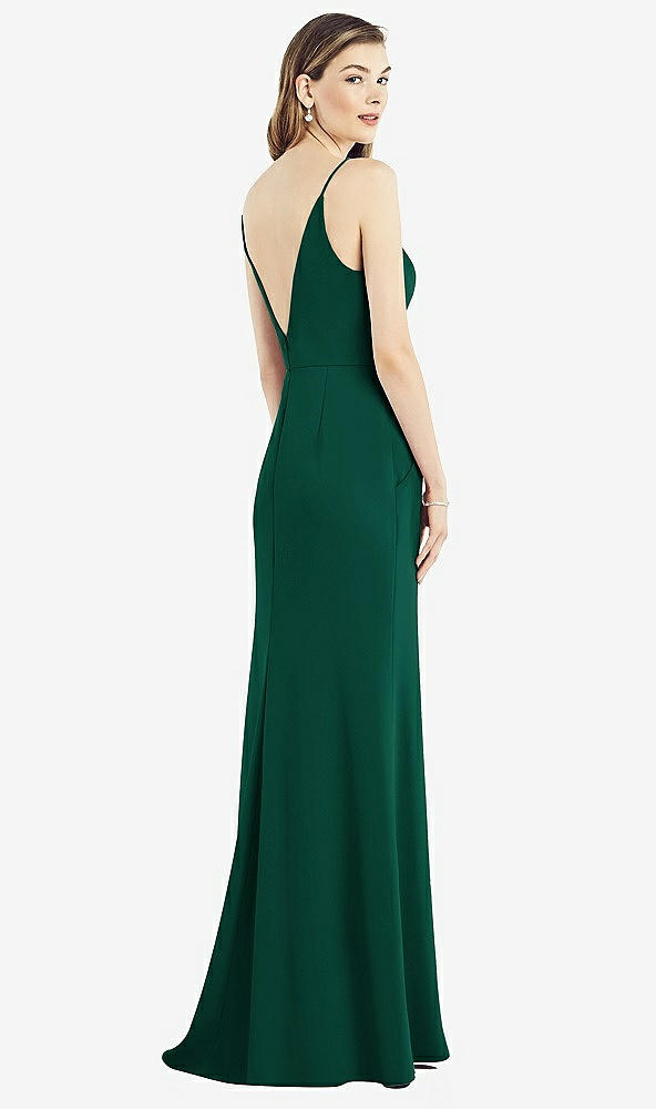 Back View - Hunter Green V-Back Spaghetti Strap Maxi Dress with Pockets
