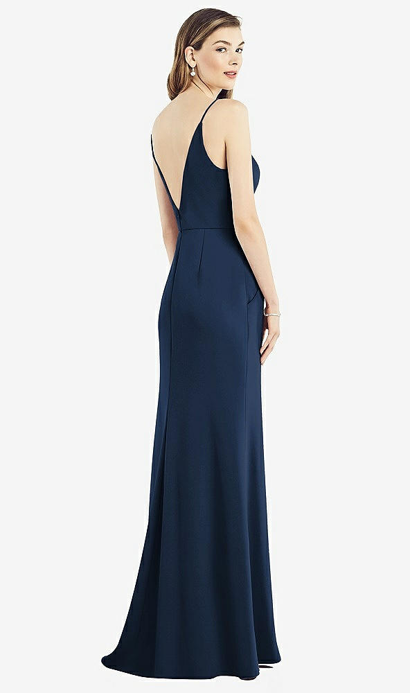 Back View - Midnight Navy V-Back Spaghetti Strap Maxi Dress with Pockets
