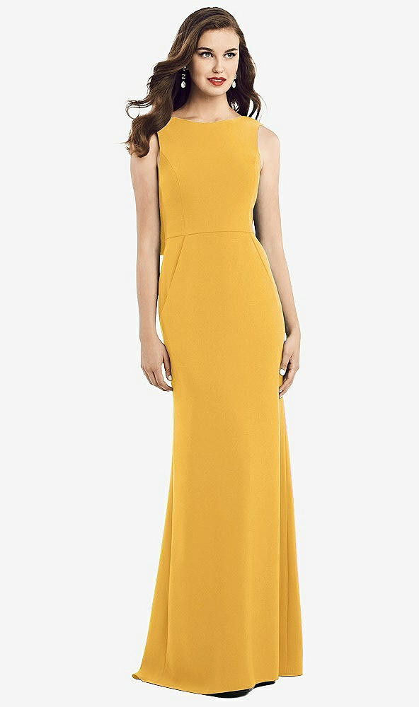 Back View - NYC Yellow Draped Backless Crepe Dress with Pockets