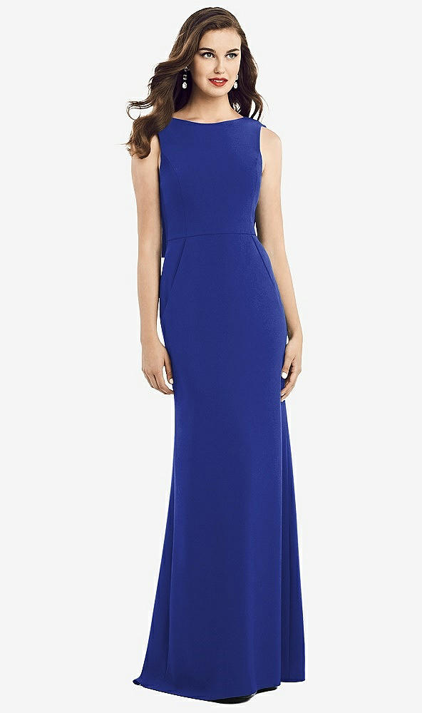 Back View - Cobalt Blue Draped Backless Crepe Dress with Pockets