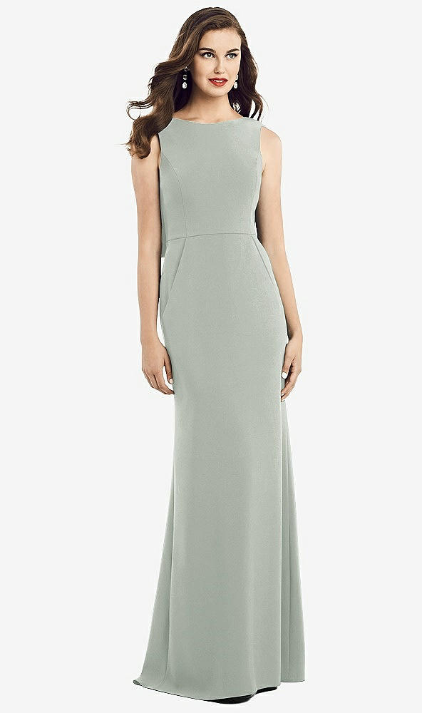Back View - Willow Green Draped Backless Crepe Dress with Pockets