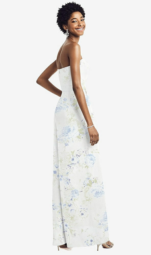 Back View - Bleu Garden Strapless Chiffon Wide Leg Jumpsuit with Pockets