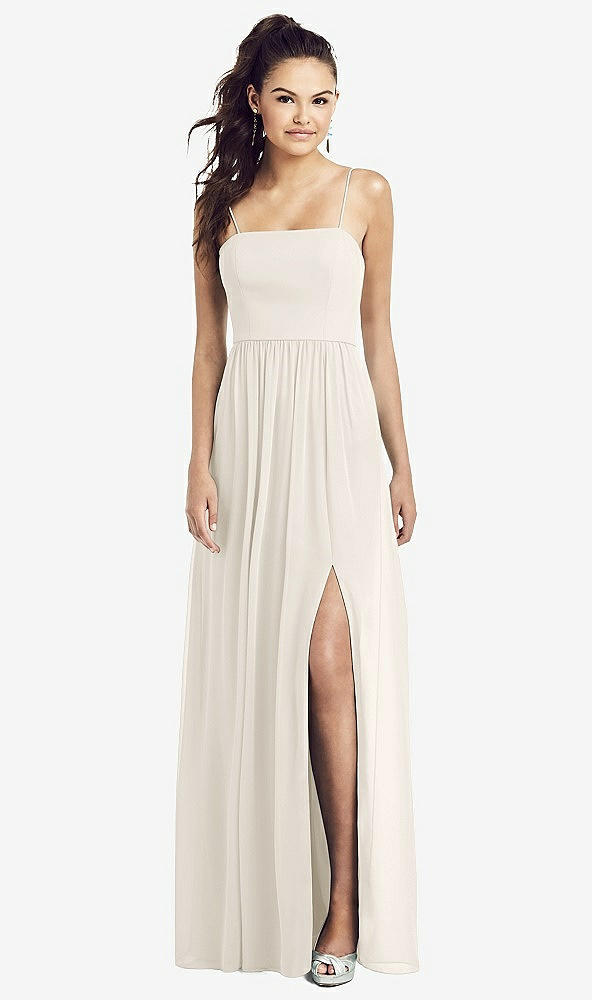 Front View - Ivory Slim Spaghetti Strap Chiffon Dress with Front Slit