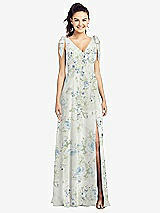 Front View Thumbnail - Bleu Garden Bow-Shoulder V-Back Chiffon Gown with Front Slit