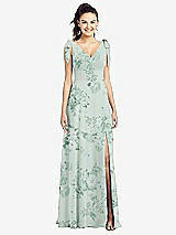 Front View Thumbnail - Mint Green Floral Bow-Shoulder V-Back Chiffon Gown with Front Slit