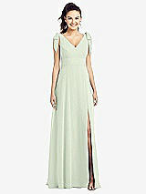 Front View Thumbnail - Mint Green Bow-Shoulder V-Back Chiffon Gown with Front Slit