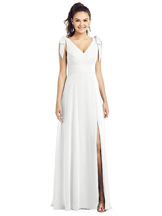 Bow-Shoulder V-Back Chiffon Gown with Front Slit