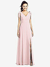 Front View Thumbnail - Ballet Pink Bow-Shoulder V-Back Chiffon Gown with Front Slit