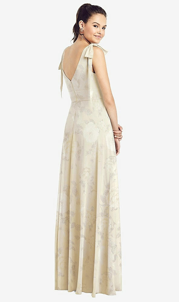 Back View - Butter Yellow Floral Bow-Shoulder V-Back Chiffon Gown with Front Slit