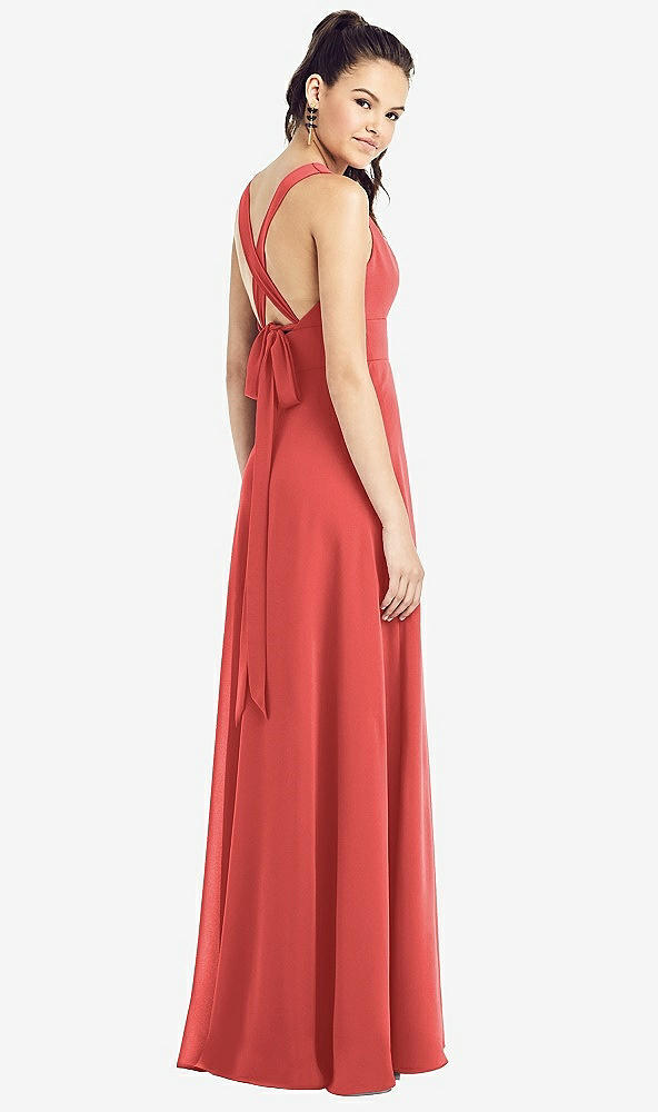 Back View - Perfect Coral & Light Nude Adjustable Strap Illusion Neck Chiffon Gown