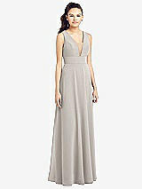 Front View Thumbnail - Oyster & Light Nude Adjustable Strap Illusion Neck Chiffon Gown