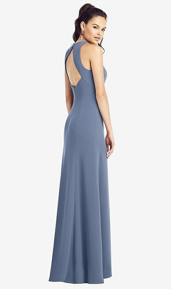 Back View - Larkspur Blue Open-Back Jewel Neck Trumpet Gown with Front Slit
