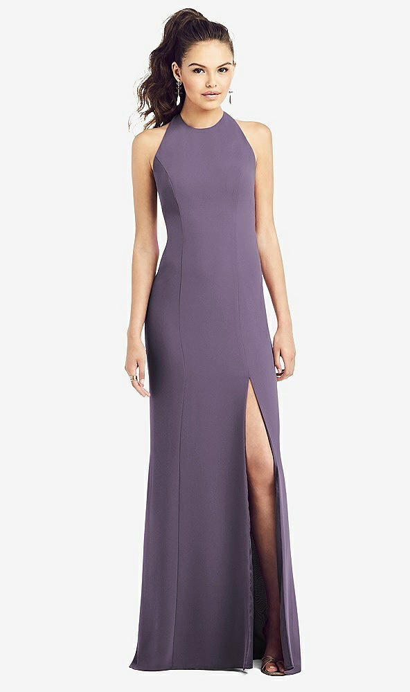 Front View - Lavender Open-Back Jewel Neck Trumpet Gown with Front Slit