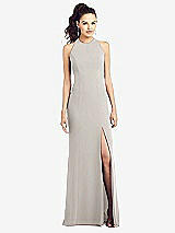 Front View Thumbnail - Oyster Open-Back Jewel Neck Trumpet Gown with Front Slit