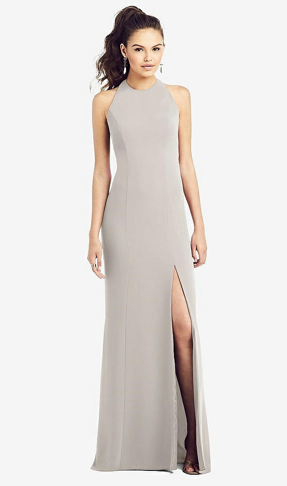 Front View - Oyster Open-Back Jewel Neck Trumpet Gown with Front Slit