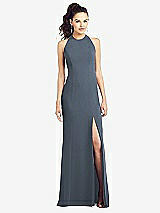 Front View Thumbnail - Silverstone Open-Back Jewel Neck Trumpet Gown with Front Slit