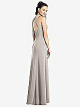 Rear View Thumbnail - Taupe Open-Back Jewel Neck Trumpet Gown with Front Slit