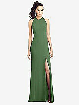 Front View Thumbnail - Vineyard Green Open-Back Jewel Neck Trumpet Gown with Front Slit