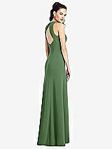 Rear View Thumbnail - Vineyard Green Open-Back Jewel Neck Trumpet Gown with Front Slit