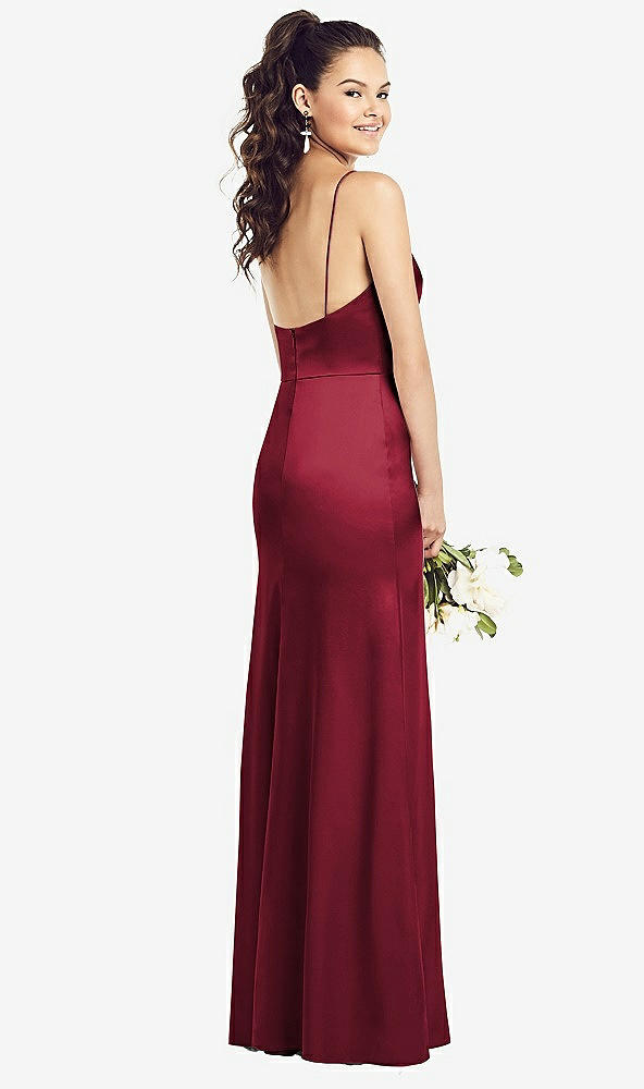 Back View - Burgundy Slim Spaghetti Strap Wrap Bodice Trumpet Gown