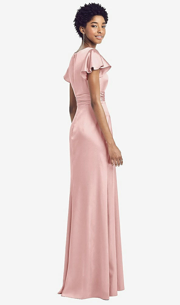 Back View - Rose Flutter Sleeve Draped Wrap Stretch Maxi Dress