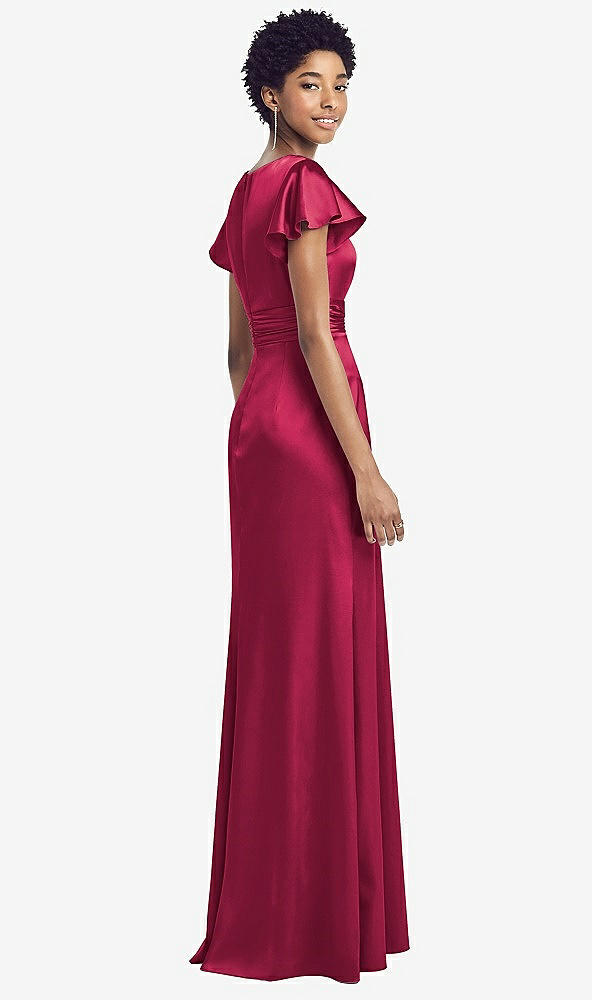 Back View - Valentine Flutter Sleeve Draped Wrap Stretch Maxi Dress