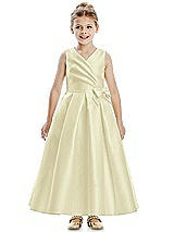 Front View Thumbnail - Butter Yellow Faux Wrap Pleated Skirt Satin Twill Flower Girl Dress with Bow