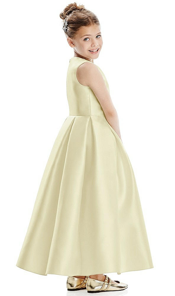 Back View - Butter Yellow Faux Wrap Pleated Skirt Satin Twill Flower Girl Dress with Bow