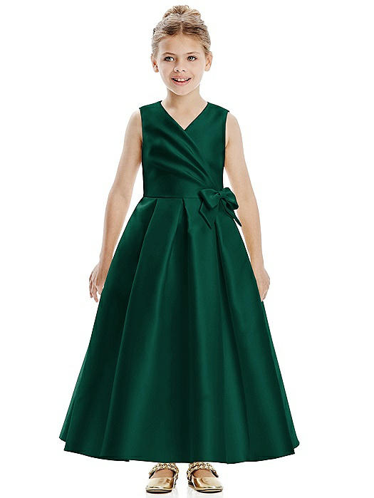 Faux Wrap Pleated Skirt Satin Twill Flower Girl Dress with Bow