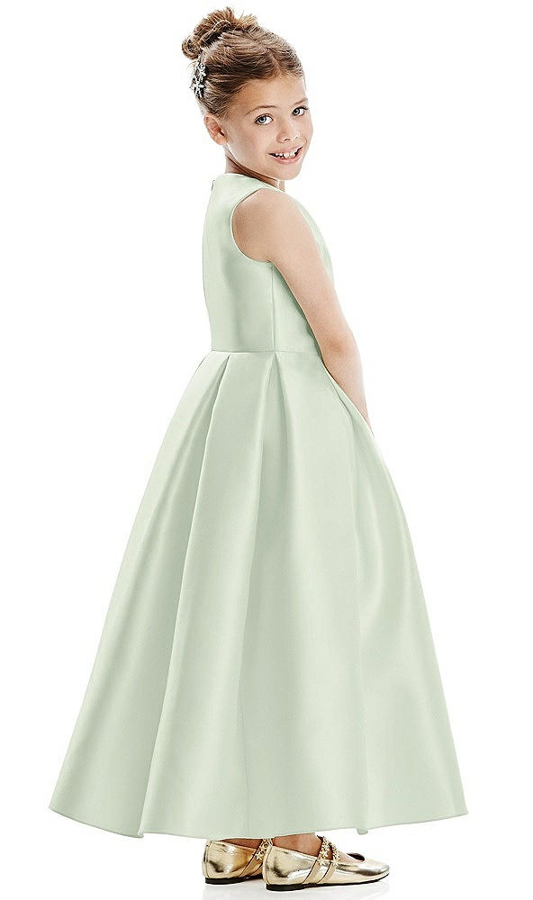 Back View - Mint Green Faux Wrap Pleated Skirt Satin Twill Flower Girl Dress with Bow