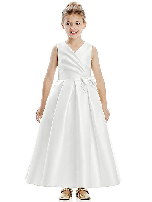 Faux Wrap Pleated Skirt Satin Twill Flower Girl Dress with Bow