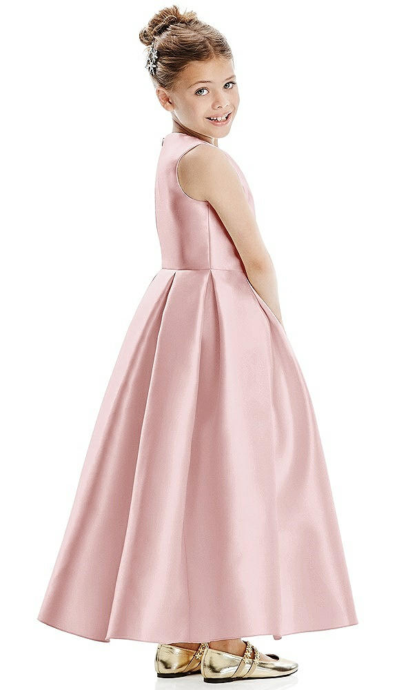 Back View - Ballet Pink Faux Wrap Pleated Skirt Satin Twill Flower Girl Dress with Bow