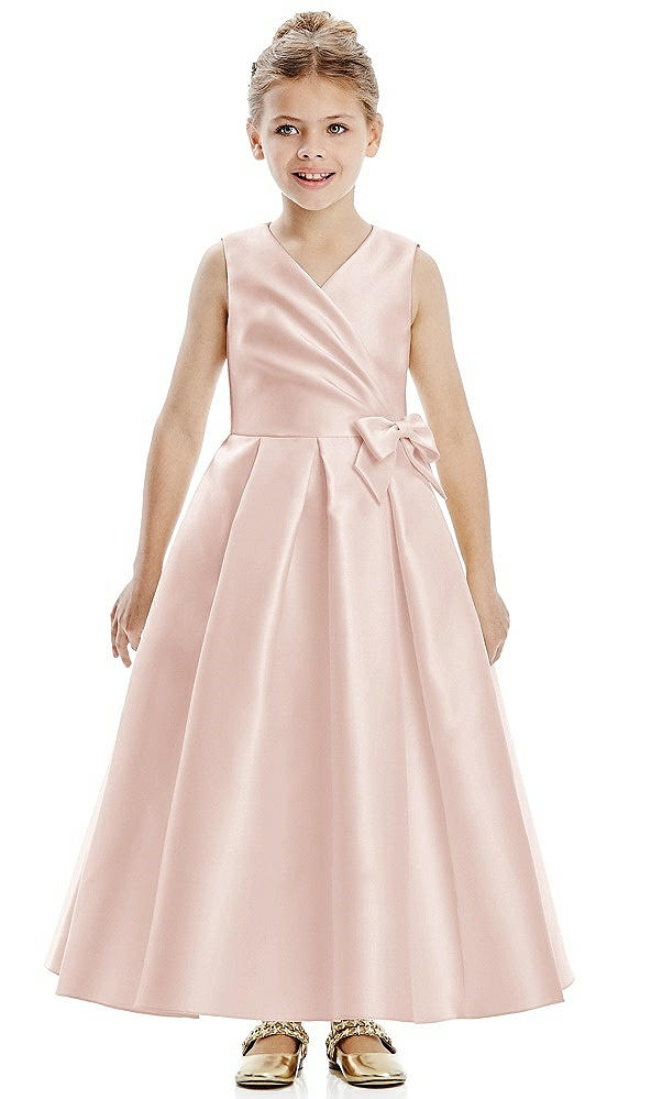 Front View - Blush Faux Wrap Pleated Skirt Satin Twill Flower Girl Dress with Bow